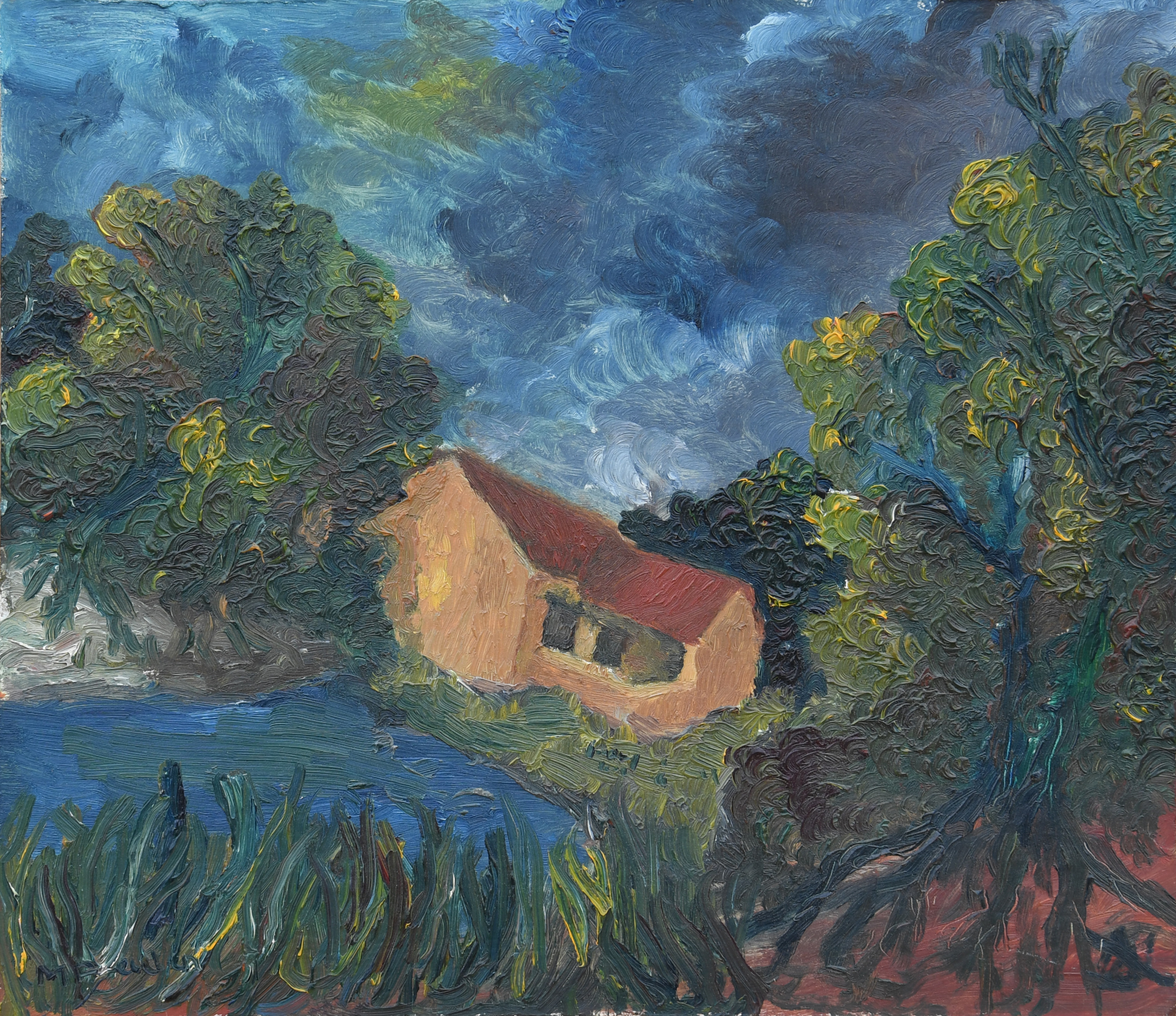 HARDBOARD, 29x33 CM (LIGGEND) DE ONTDEKKING VAN TALENT "BOSLANDSCHAP" 1971_1975 HAVOTIJD 